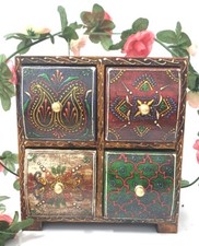 Indian Wooden Box Jewellery Chest 4 Drawers Storage Hand Craft Painted Bohemian