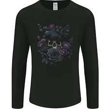 Crow & Skull With Flowers Gothic Goth Raven Mens Long Sleeve T-Shirt