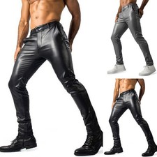 Mens Slim Fit Faux Leather Pants Skinny Motorcycle Trousers Rock Style Black