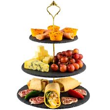 3 in 1 Cake Stand Natural Slate Round Rough Edges Display with Gold Fitting