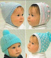 Boy girl Baby hats & bonnets knitting pattern cable pom-pom bobbles 0 to 4 moth