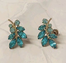 Vintage Aqua Blue Rhinestone Silver Tone Screw Back Leaf & Branch Earrings VGC