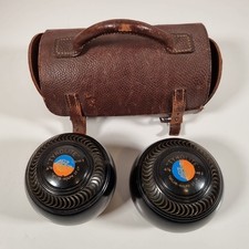 Set Of 2 Tyrolite Taylor Rolph Lawn Bowls Plus Leather Carrier Size 4 7/8 Bias 3