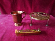 Victorian Copper Half Pint Mug, Trivet And Miniature Fender