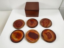 6 Red Polished Agate Coasters In Wooden Box With Lid 
