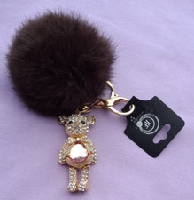 Faux Fur Pom Pom with Metal & Rhinestone Teddy Bear Key Ring Key Chain - BNWT #3