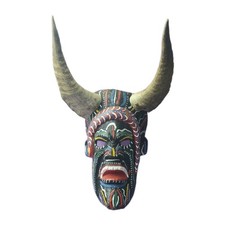 Vintage South American Hand Painted Wooden Folk Art Mask with Horns Diablo
