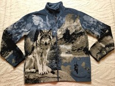 Atlas For Men Mens Blue Wolf Printed Fleece Jacket - Size L Large