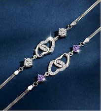 925 Sterling Silver Crystal Double Heart Linked Charm Bracelet Women Jewellery
