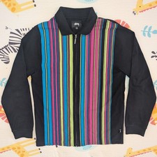 Stussy Long Sleeve Zip Up Striped Polo Shirt Mens Medium Jacket Stripe 1140114