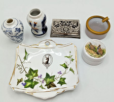 VINTAGE CERAMIC GLASS & SILVER PLATE. STAMP HOLDER ASHTRAY VASE RELISH POT PLUS