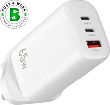 B&W 65W USB C Plug Charger 3-Port Fast USB C Charger for MacBook and More