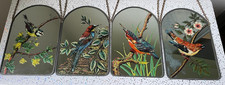 4 Vintage Hand Painted Bird Mirrors With Lead Frame & chain FULL SET