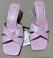 ZARA WOMENS BABY PINK SQUARE TOE BLOCK HEELED MULES IN Size UK6