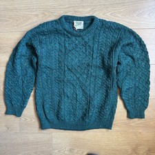 Vintage Carraig Donn Aran Fisherman Jumper Green Blue Made In Ireland Wool Knit
