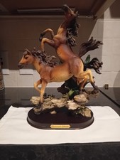 Ornament Ceramic  Horses On  Wooden  Plinth