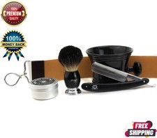 Vintage Shaving Set with Badger Hair Brush, Straight Razor, Mug & Leather Strop