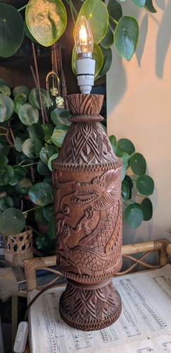 Vintage wooden carved lamp - vintage,