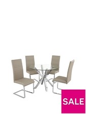 Chopstick 100cm Round Glass Dining Table + 4 Chairs Clear/Grey Stylish Dining