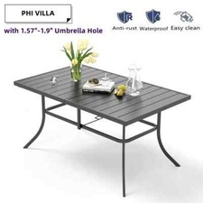 PHI VILLA Patio Dining Table with Umbrella Hole Rectangle Outdoor for 6 Person