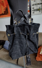 BRAND NEW + TAG 'TOPSHOP' BLACK CROC REAL SUEDE LEATHER DRAWCORD SHOULDER BAG