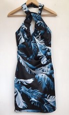 LIPSY Blue Black Satin Feather Print Cross Front Halter Neck Mini Dress Size XS