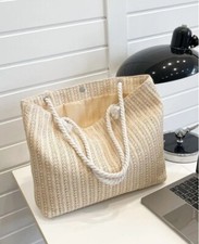 Womens Beige Minimalist Simple Large Capacity Straw Beach Bag Summer Holiday