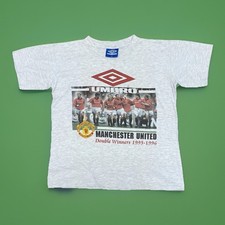 90s Manchester United T Shirt Boys Large Umbro Vintage Football 1996 Double Rare
