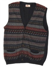RODES Mens Sleeveless Cardigan Sweater Large Navy Blue Fair Isle Wool OH09