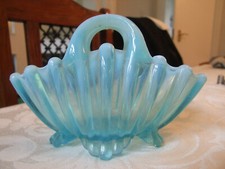 Victorian Blue Pearline Glass Basket shaped Posy Bowl by Henry Greener