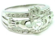 Real Claddagh White Sapphire 20 Diamond 9K 9CT 375 Solid Gold Celtic Irish Ring