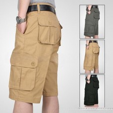 Mens 3/4 Long Length Shorts Elasticated Waist Cargo Combat 3Quarter Cotton Pants