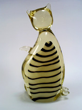 HEAVY VINTAGE MURANO STYLE  BLACK & WHITE STRIPED 9.2 " SOLID ART GLASS CAT