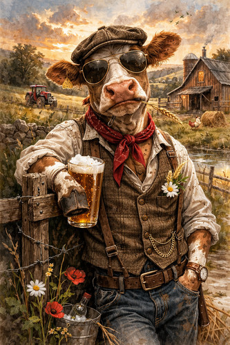 Cow beer farmyard tractor - beer,