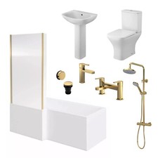 Bathroom 1700mm L-Shaped Bath Screen Suite Brushed Brass Taps Shower Modern