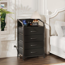 MUTUN Bedside Table Cabinet with Drawers and Charging Station, Small Nightstand 