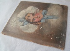 Small Vintage / Antique Painting on Board ca. 1902 Girl in Bonnet Blue Ribbon