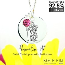 Personalised 925 Sterling Silver St Saint Christopher with Birthstone Necklace