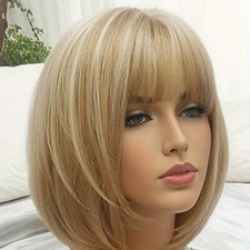 Women Short Bob Wigs with Bangs Fashion Blonde Straight Hair Costume Party Wig