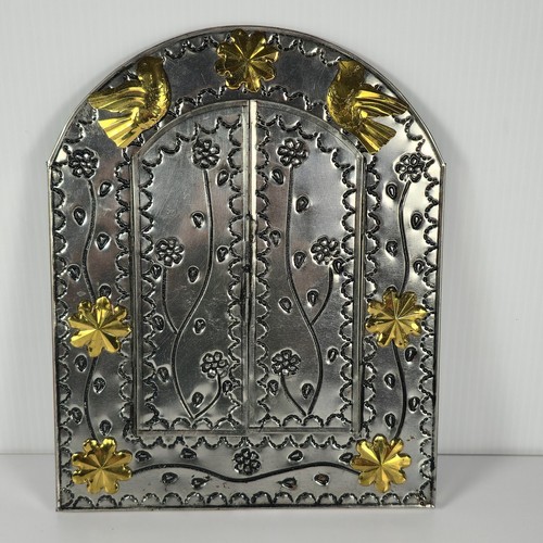Mexican tin mirror with - with, hinged