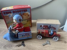 Tin Toy Racing Car And King Scooter, wind-up litho VGC