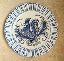 Hand Painted Blue & White Cockerel Signed 30 cm Wall Plate - Ceràgueda, Portugal