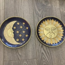 Celestial Brass enamel Sun Moon Gold Wall Hanging plate/dish pair vintage 20cm