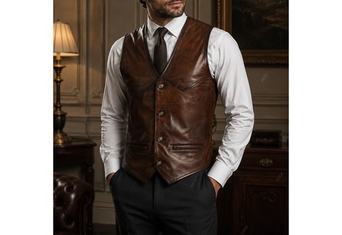 Men brown leather vest - men’s, –