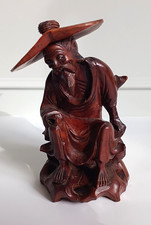 Vintage Chinese Hand Carved Wooden Fisherman Figurine 15cm tall