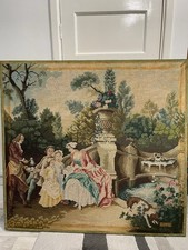 Vintage Large Woolwork Tapestry Garden Scene Framed 45” x 43” Needs TLC