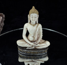 Hand-Carved White and Gold Seated Buddha Figurine, Vintage Religious Art Statue