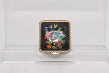 Vintage Floral Enamel Pill Box Trinket with Gold Tone Metal Case