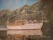 Acric Painting Of JANICK cabin Cruiser On River Severn Stourport On Severn On...