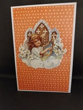 Handmade decoupage Christmas card Angel with flowers. 6 X 4 inch